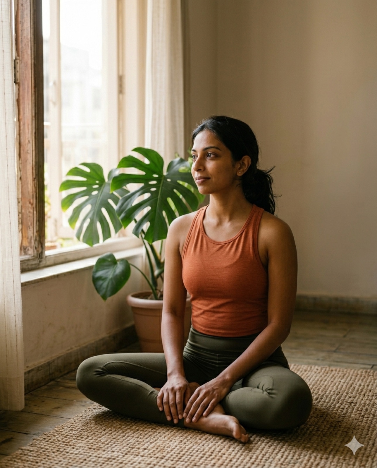 Calm portrait of Ruchi seated cross-legged by a window in soft morning light
