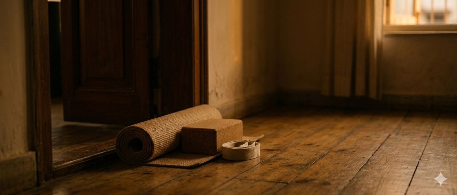 A rolled yoga mat and props in warm evening light by a doorway